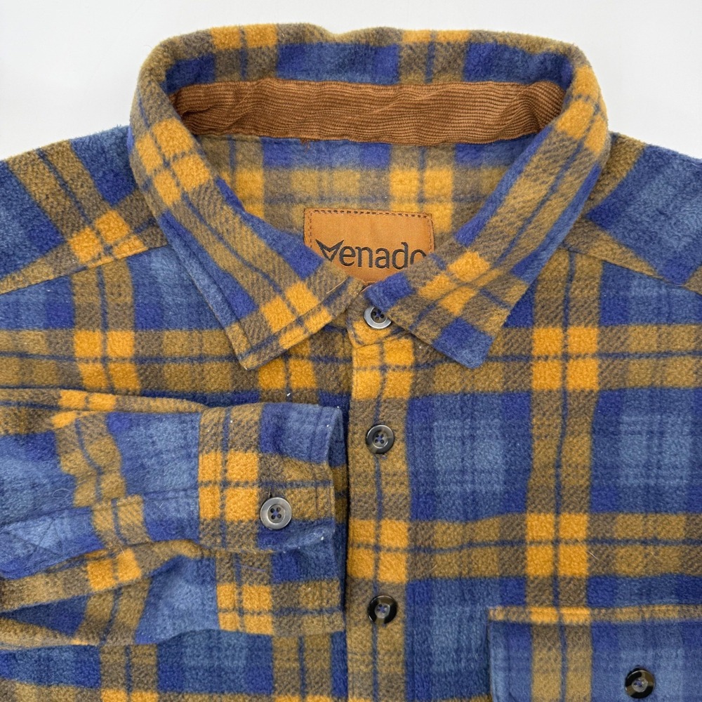 Venado Fleece Shirt Mens XL Blue Gold Plaid Heavyweight Corduroy Trim Outdoor